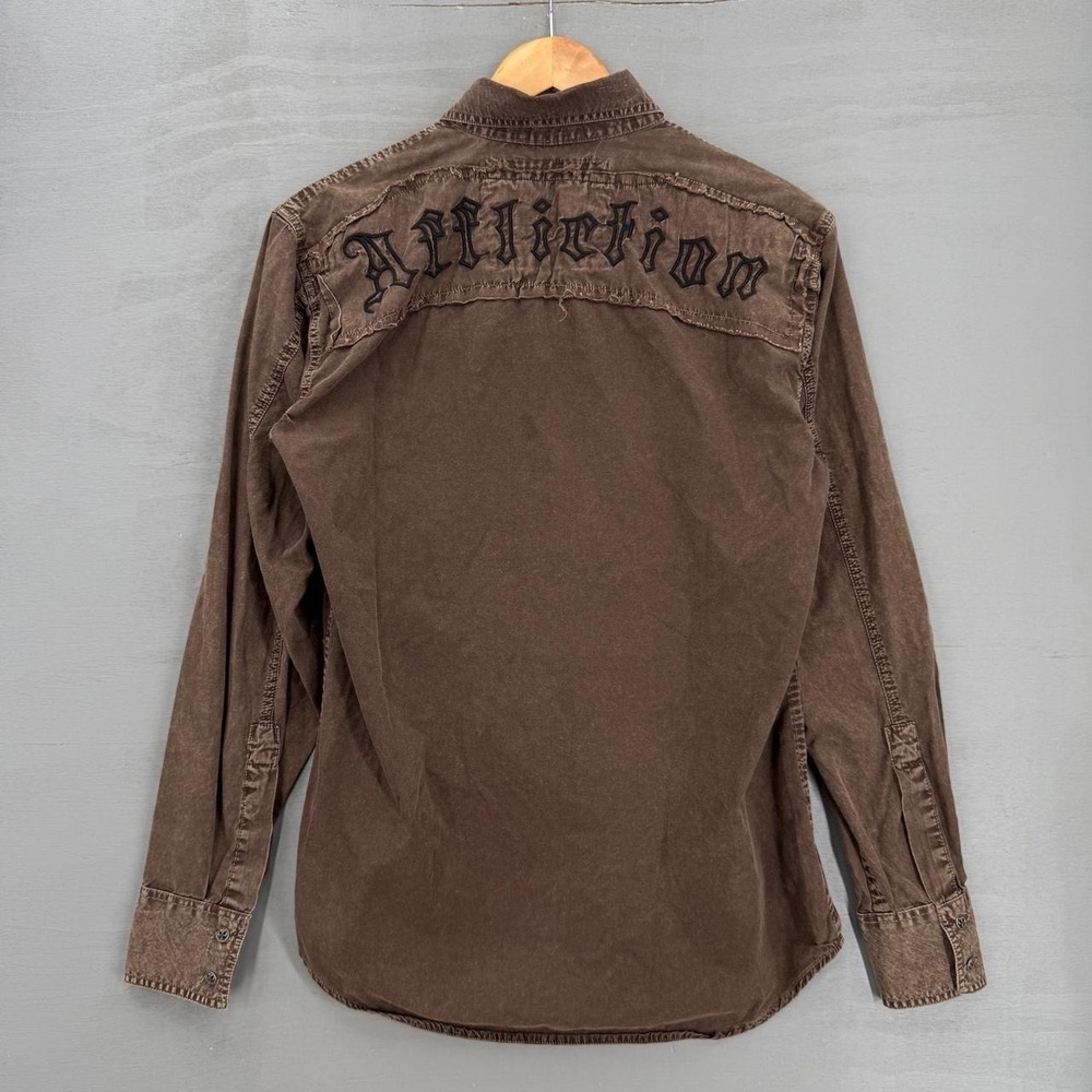 Y2K Affliction Button Down Shirt Brown Embroidered Logo Gothic Distressed Small